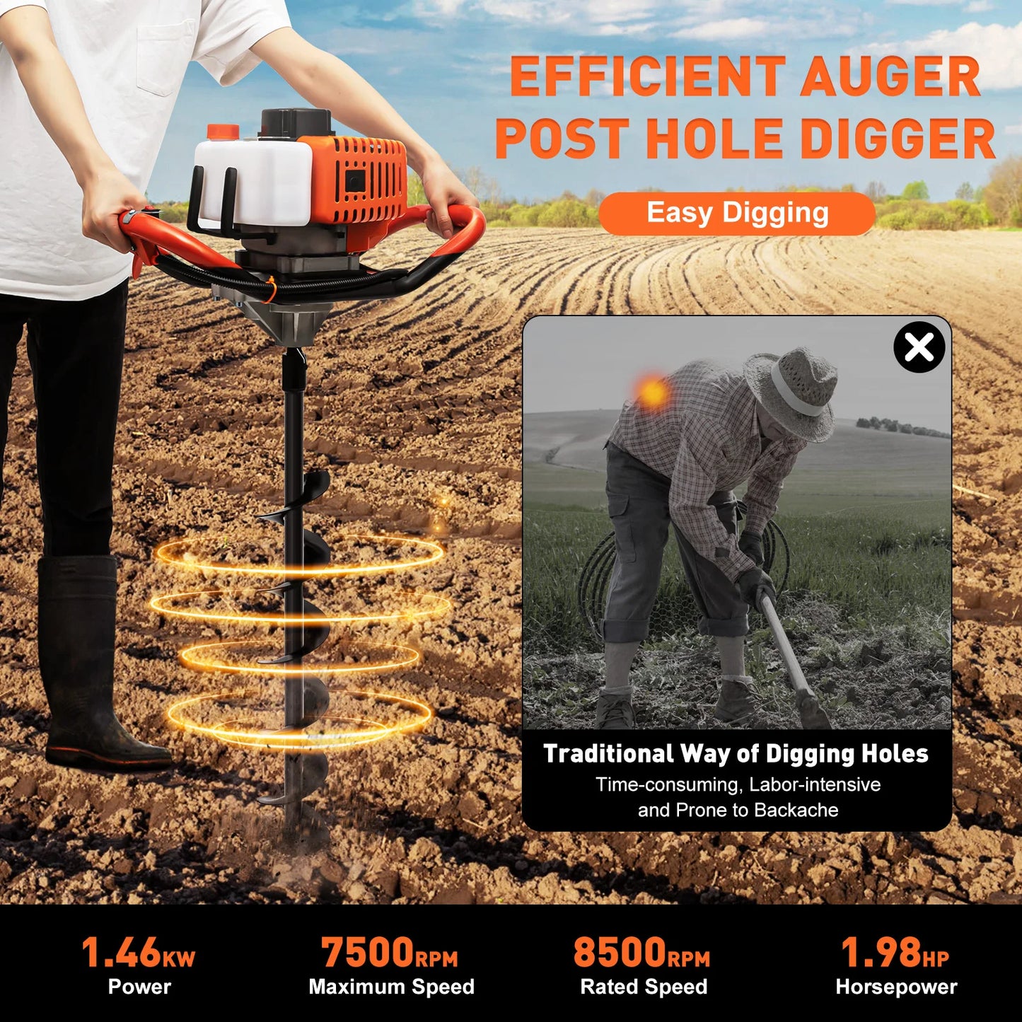 2cc 2-Stroke Petrol Earth Auger Post Hole Borer Ground Drill + 3 Auger Bits