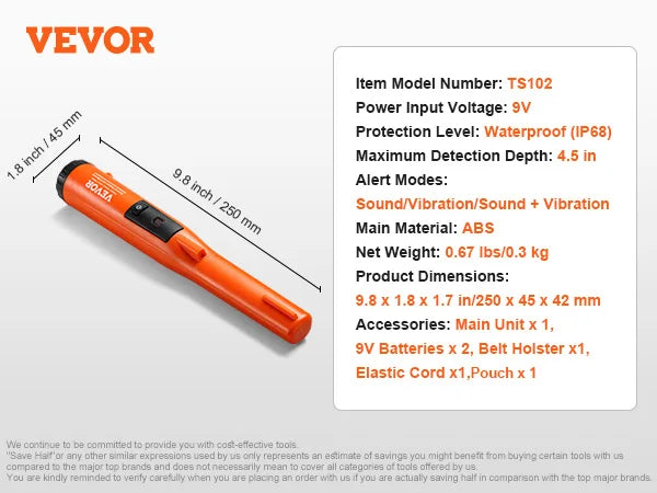 VEVOR Metal Detector Pinpointer IP66/IP68 Waterproof Handheld Pin Pointer Wand 1.96"/4.5" Detection Depth 3 Modes for Detecting
