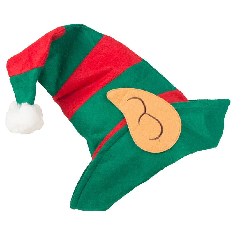 Red Green Striped Hat With White Pom Elf Ears Adults Soft Non-Woven Christmas Elf Hat For Most People Navidad Xmas Ornaments