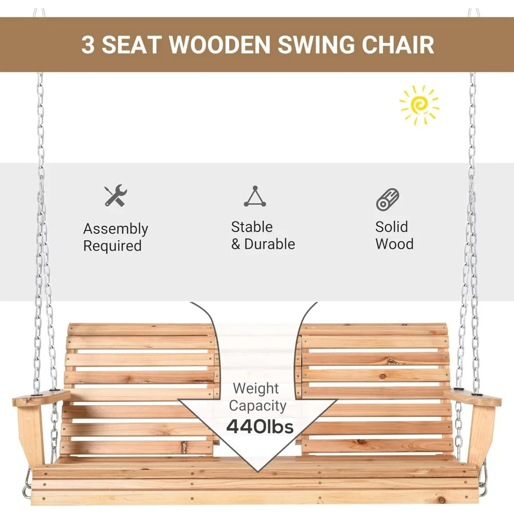 3-Seater Wooden Porch Swing, Patio Swing Bench with Folding Coffee Table, Cup Holders and Chains Included, 440lbs Weight Capaci