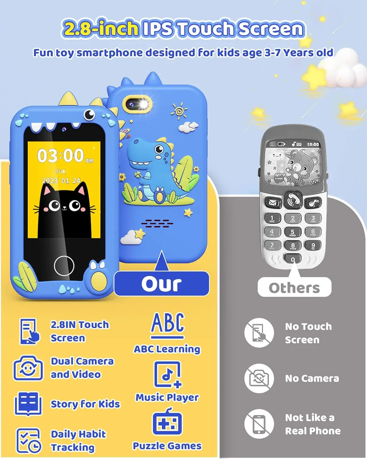 Kids Toy Smartphone, Gifts and Toys for Girls Boys Ages 3-8 Years Old, Fake Play Dinosaur Toy Phone Music Dual Camera Games