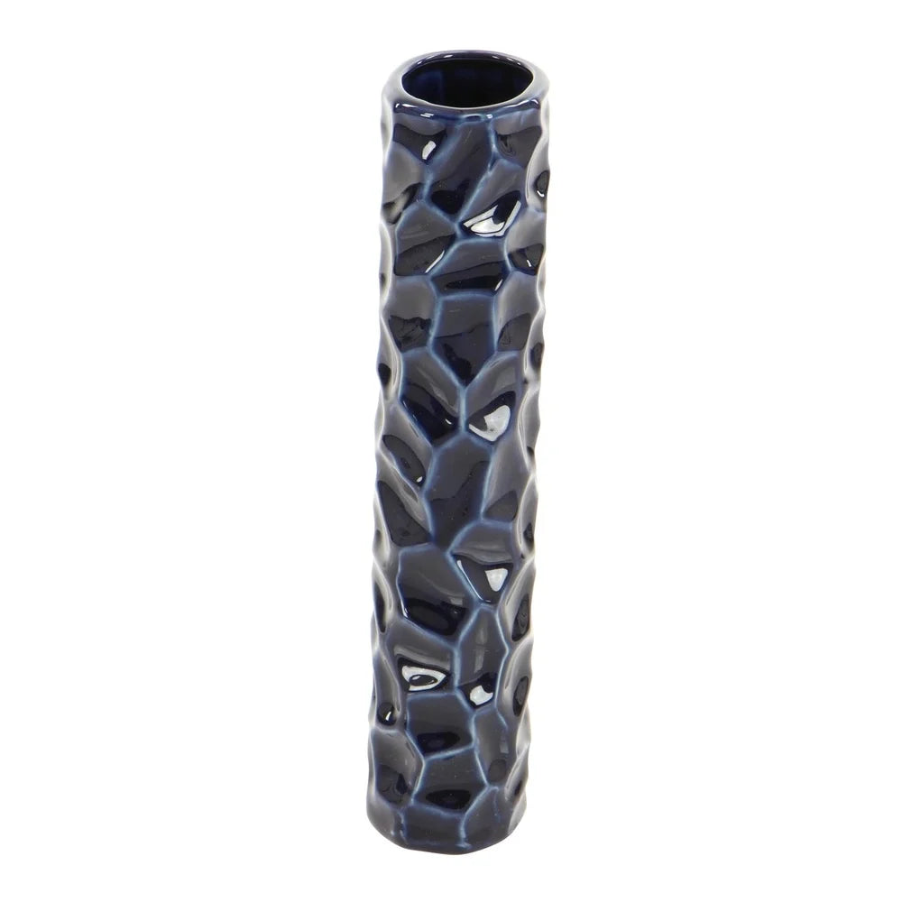 Set of 3 Dark Blue Ceramic Vases Tall Round Cylinder Design Geometric Pattern Stoneware Home Decor Accent Pieces Indoor Use