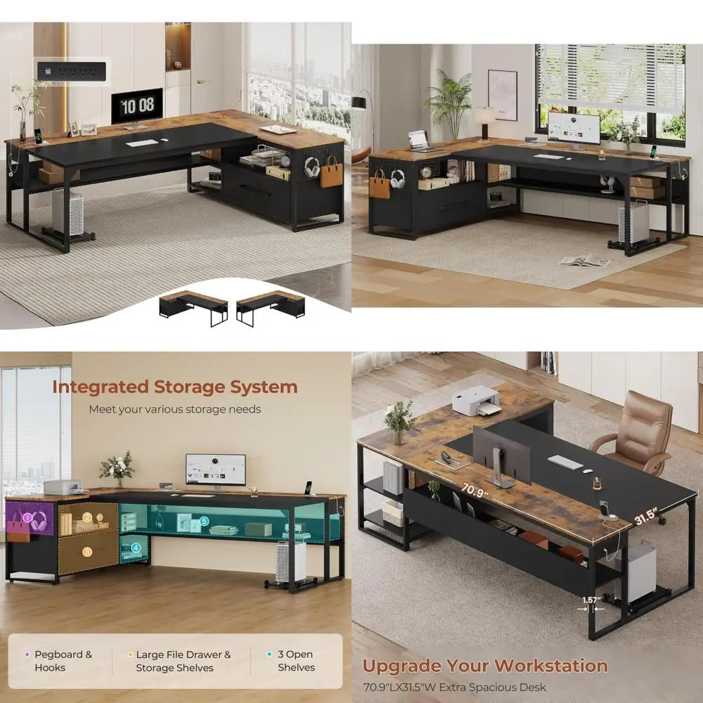 "Reversible L-Shaped Corner Desk for Executives with Spacious File Drawers and Integrated Power Outlets"