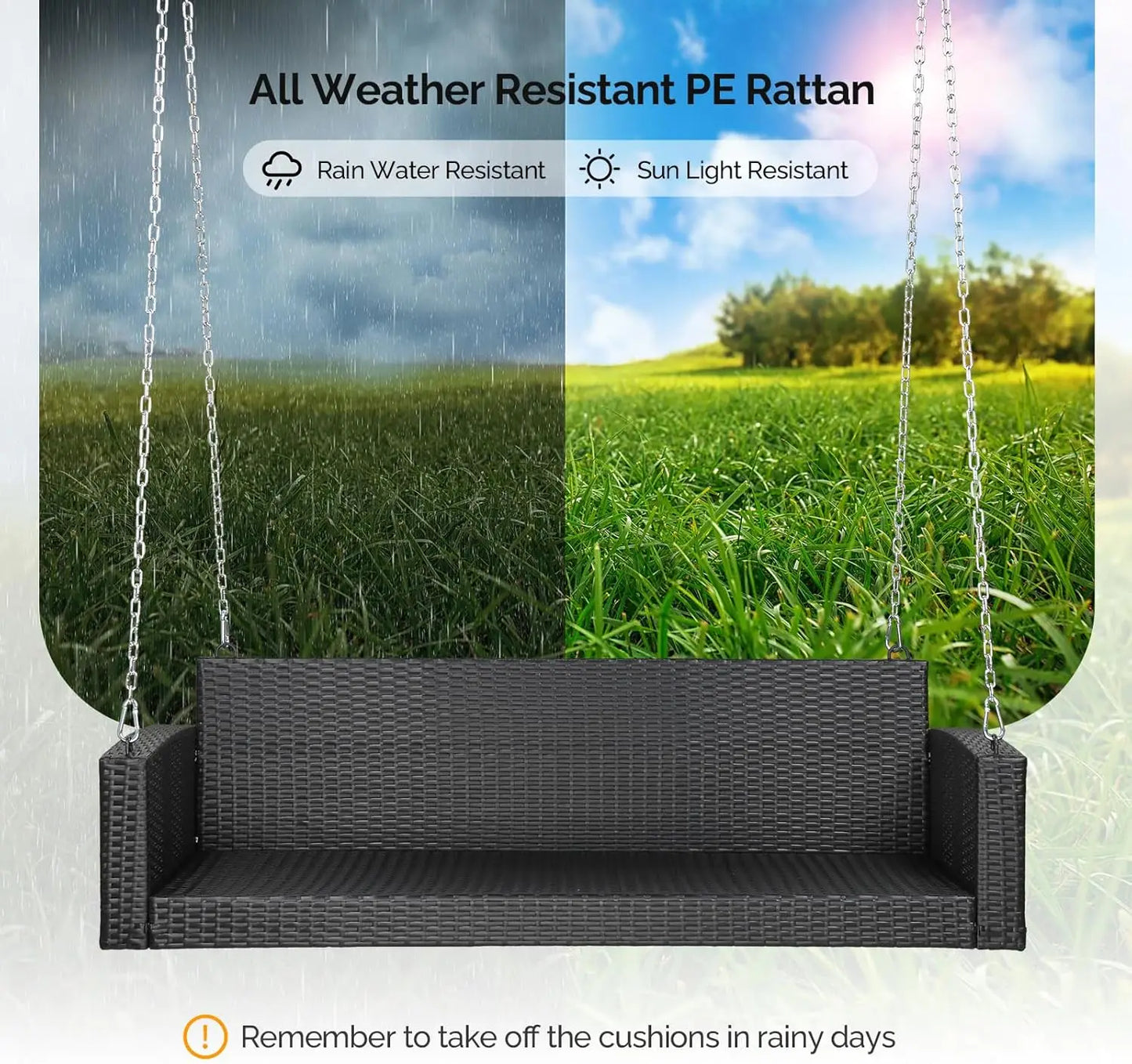 Heavy Duty 800 LBS Wicker Hanging Porch Swing with Cushions & Chains, 5FT Outdoor Rattan Swing Bench for Garden,Black