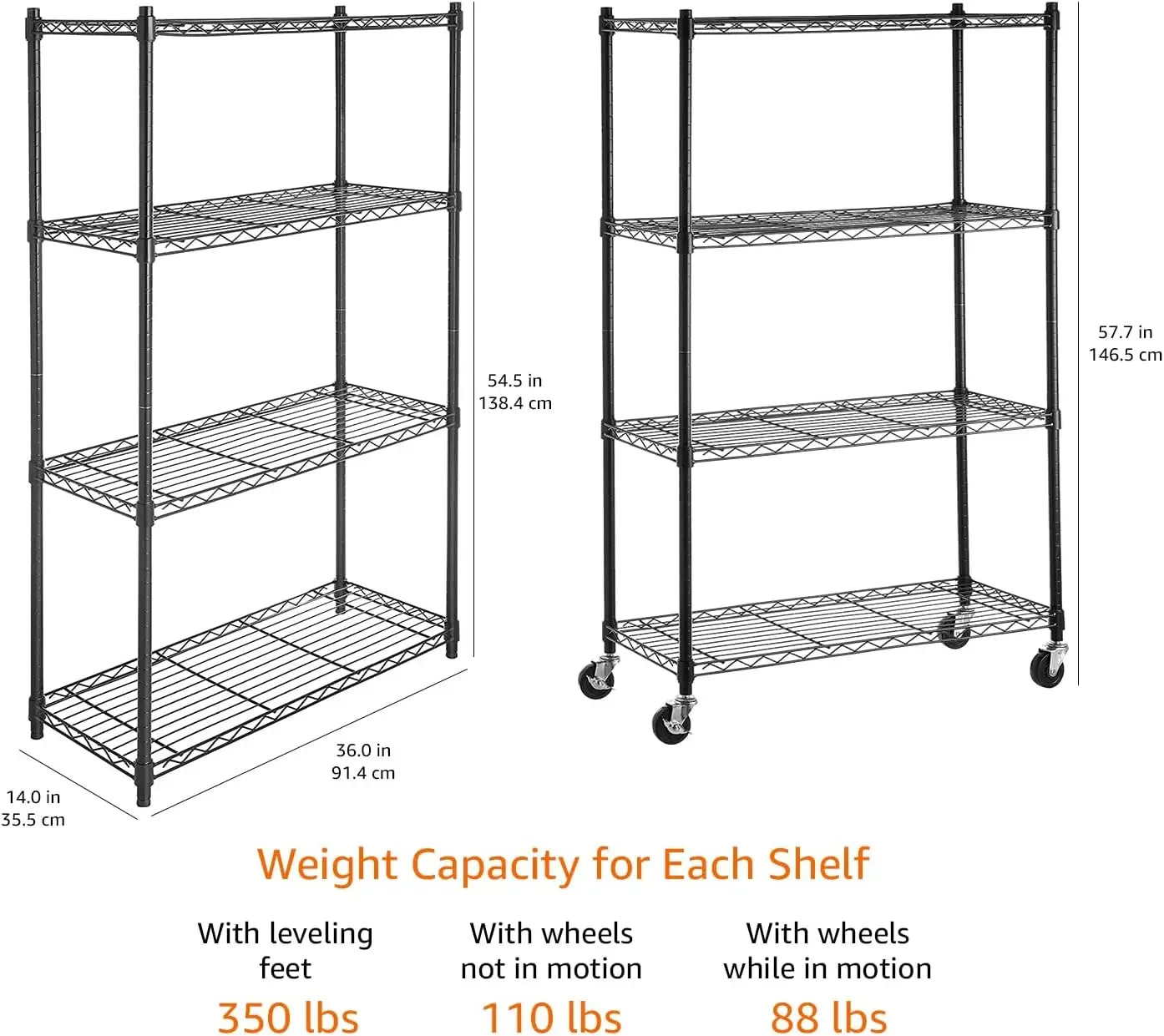 4-Shelf Adjustable, Heavy Duty Storage Shelving Unit on 3'' Wheel Casters, Metal Organizer Wire Rack, 36" L x 14" W x 57.75" H