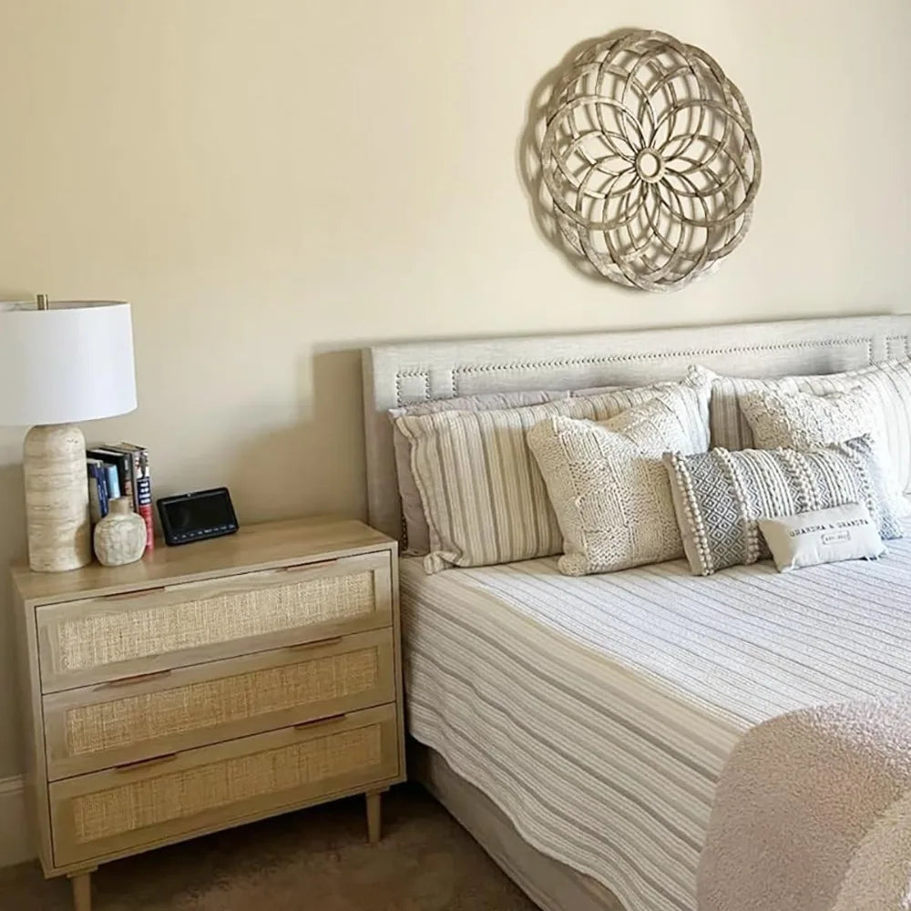 Large 3-Drawer Rattan Nightstand—Modern Wood Bedside Table for Queen & King Bedrooms