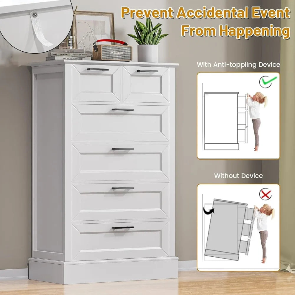 Odeekea White Dresser with 6 Drawers, Vertical Tall Dresser for Bedroom, Wood Dresser for Hallway, Living Room, Chest of Drawers