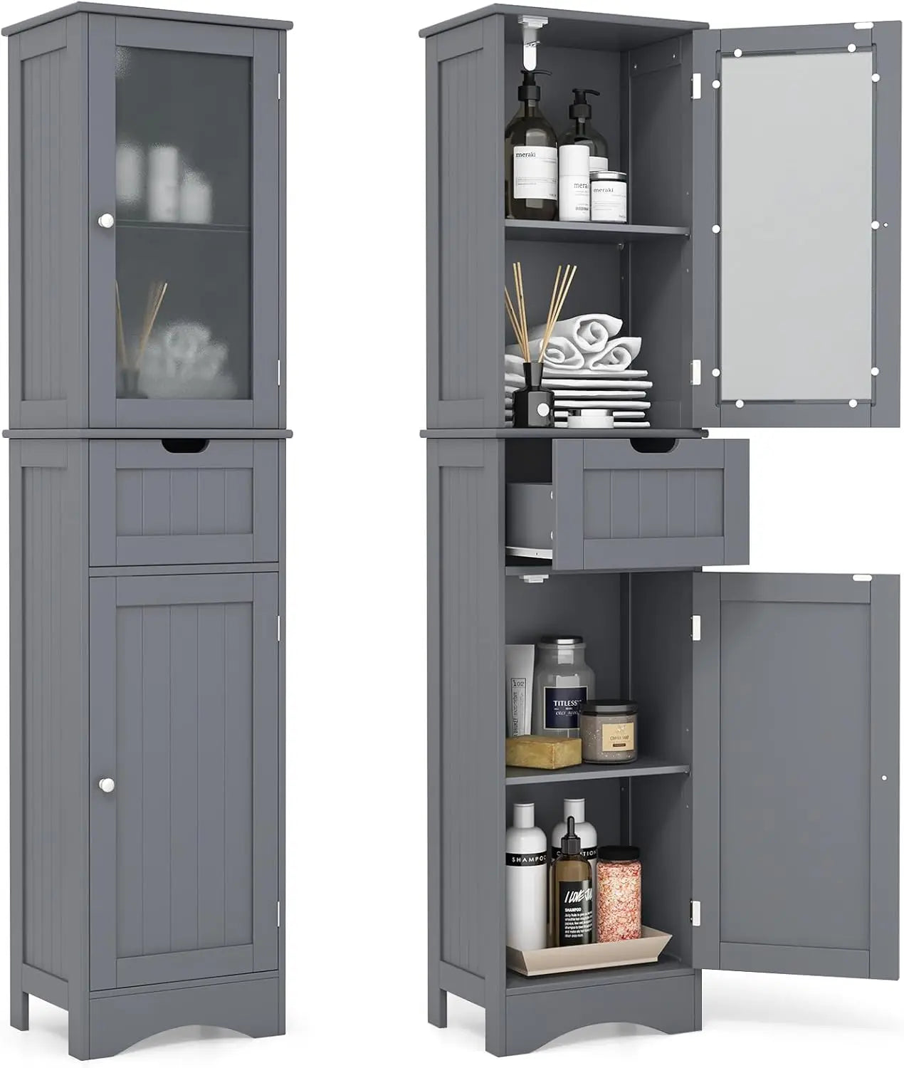 all Bathroom Storage Cabinet, Slim Freestanding Tower w/ 2 Doors & 1 Drawer, Narrow Floor Cabinet w/Adjustable
