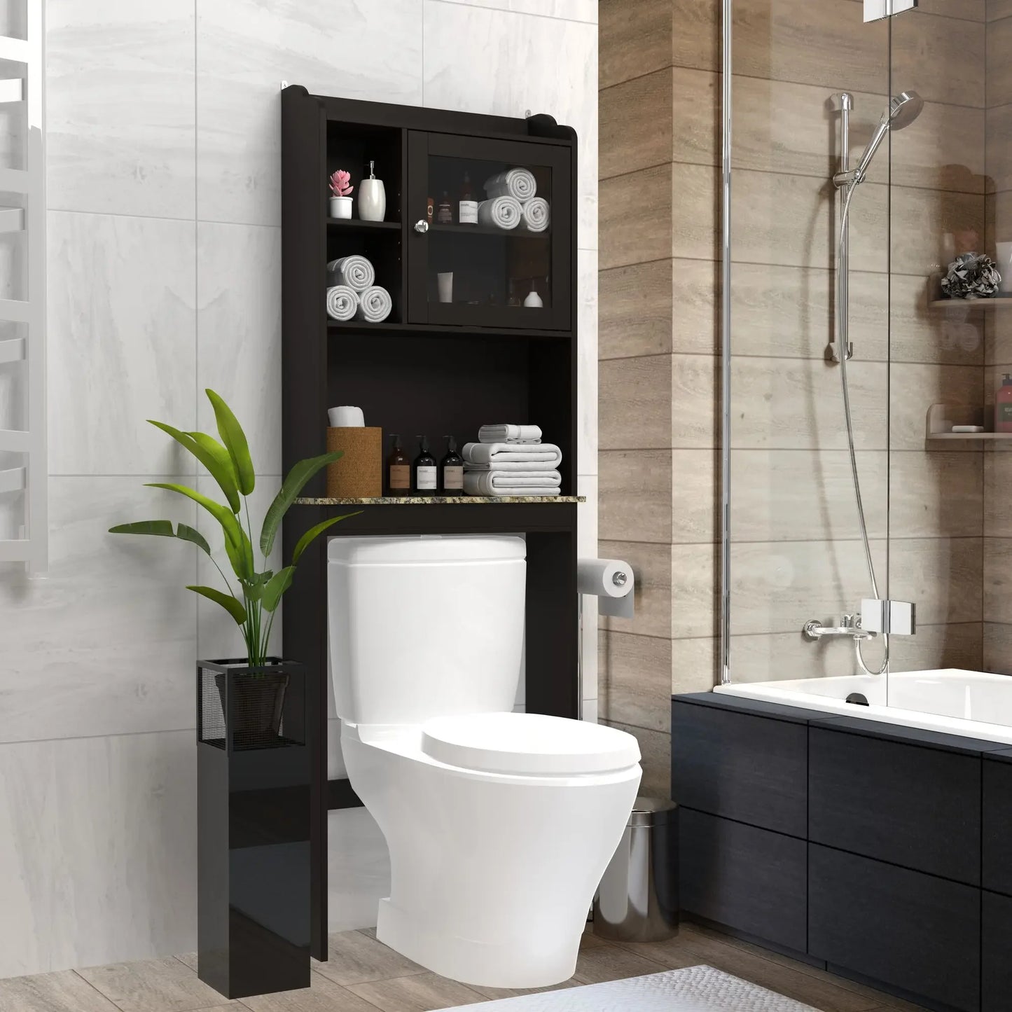 Modern Over The Toilet Space Saver Organization Wood Storage Cabinet for Home, Bathroom Shelves