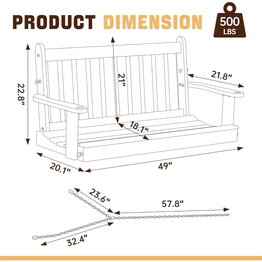 4FT Hanging Wooden Porch Swing with Chains, 2-Seater Upgraded Heavy Duty 500 LBS Swing Bench for Outdoor Patio Garden and Backy