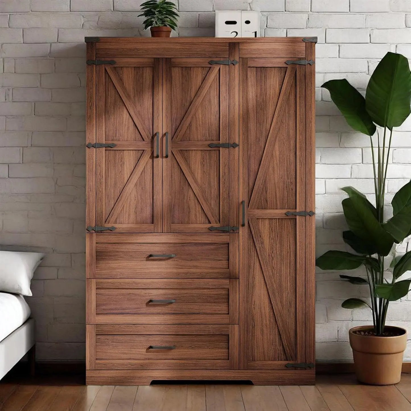 Wardrobes, Freestanding Clothing Storage Cabinet, Wooden Armoire Wardrobe Closet for Bedroom,Farmhouse Armoire with Hanging Rod