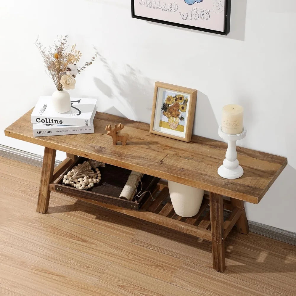Rustic Farmhouse-Style Solid Wood Bench with Storage, 43.3 Narrow Entryway Furniture for Hallway, Kitchen, and Bedroom