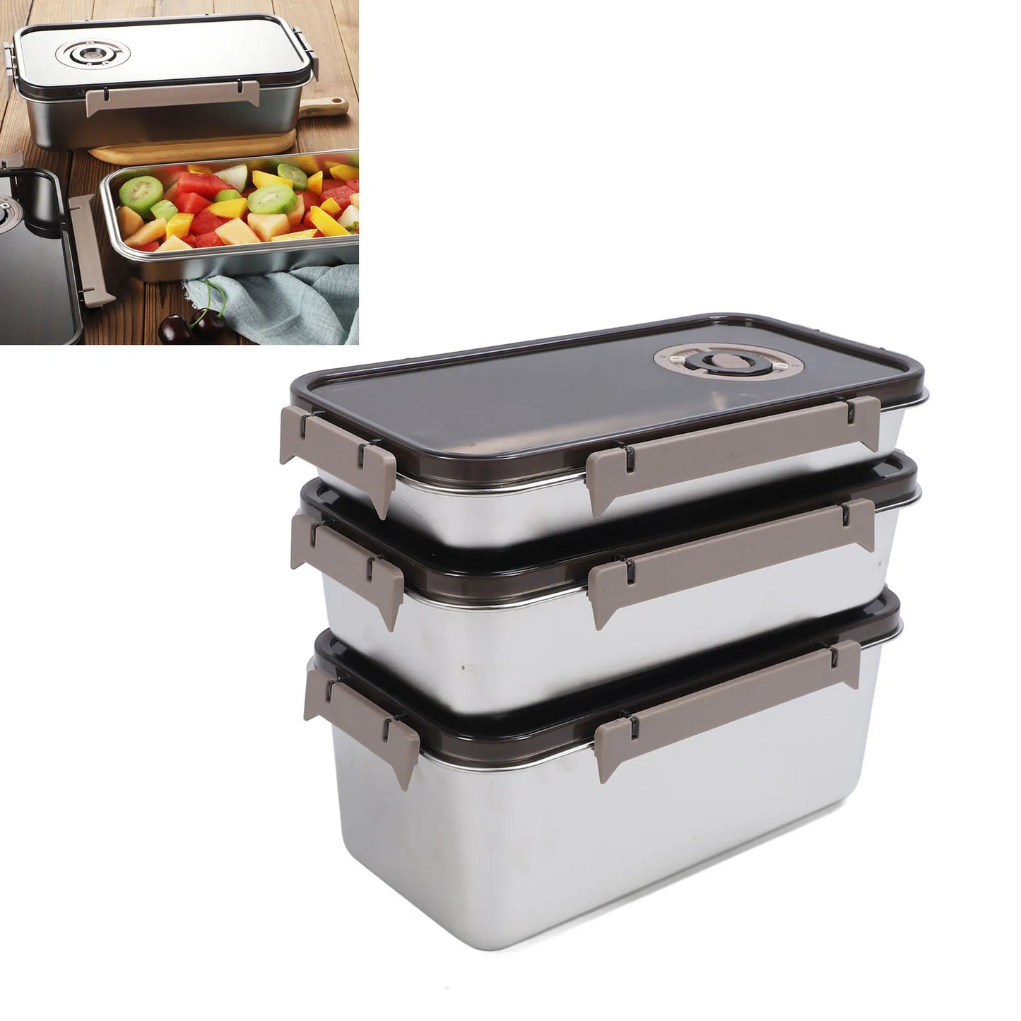 3pcs Stainless Steel Crisper Professional High Capacity Airtight Microwaveable Fridge Food Storage Container