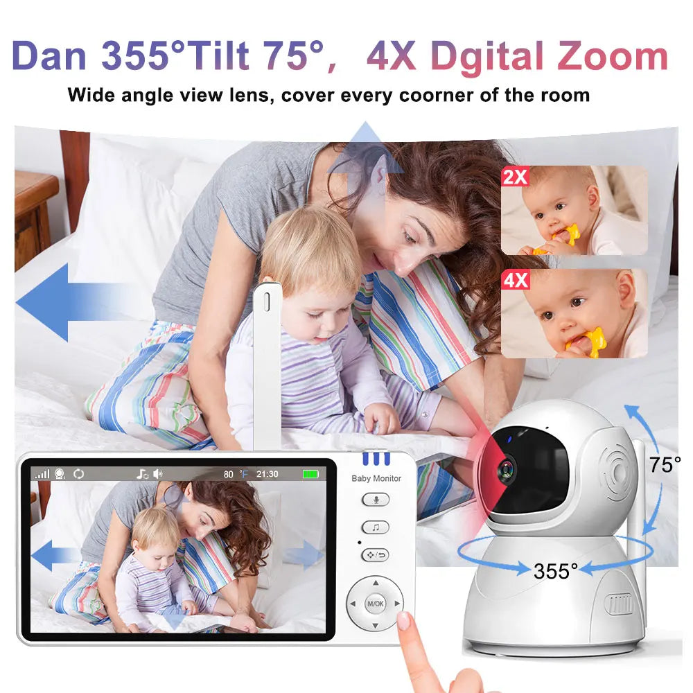 5.0'' Electronic Baby Monitor With Pan-Tilt-Zoom Camera With Stand Battery IPS Screen Wireless Babysitter Video Audio Baby Nanny