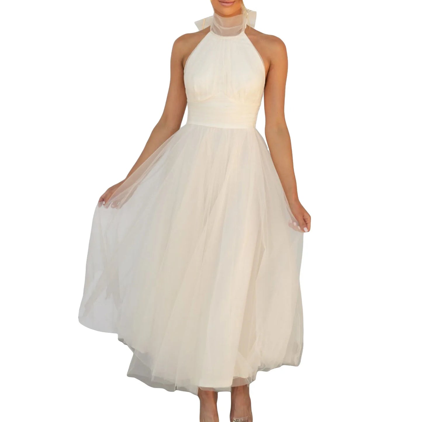 Women’s Backless Long Dress Adjustable Tie Halter Neck Tulle High Waist Solid Party Wedding Dress