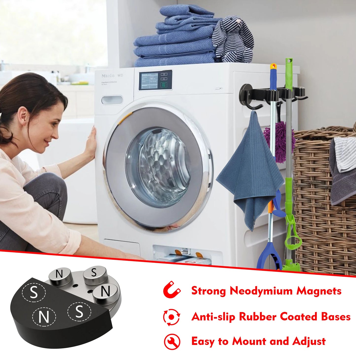 Magnetic Broom and Mop Holder Bar 3 Racks 4 Hooks for Laundry Garage Kitchen Factories Workshops Organization and Storage