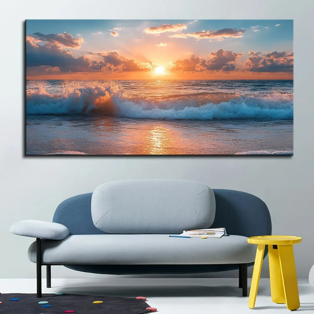 1.5 inch thick pine solid wood frame, Li tomorrow empty ocean beach wave scenery, modern painting wall decoration