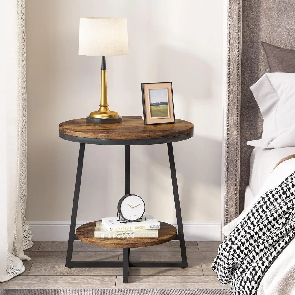 Round End Table Set of 2, 2 Tier Side Table with Storage Shelf