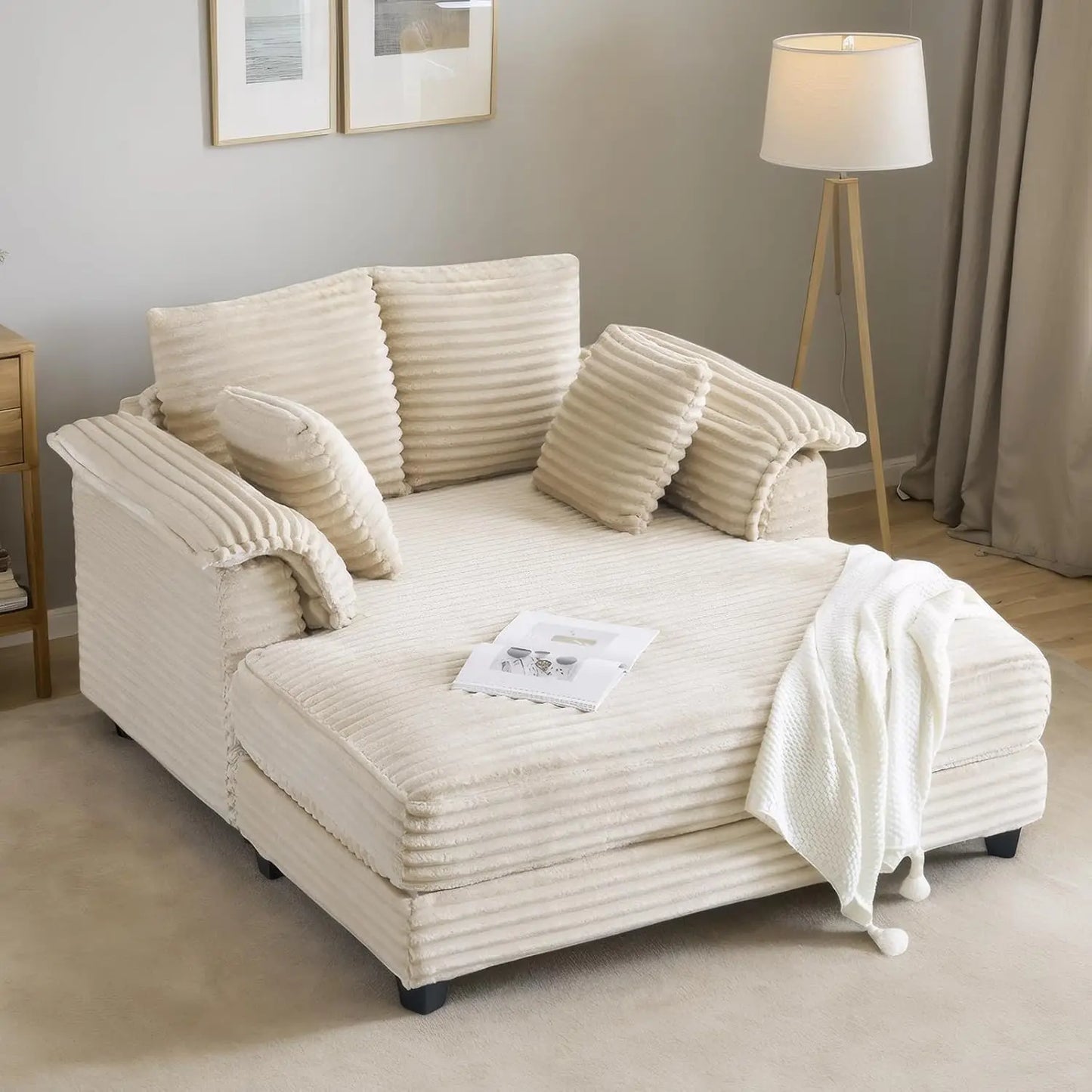 56"Oversized Chaise Lounge Chair,Beige Comfy Corduroy Chaise Sofa Recliner Bed Upholstered Sleeper Couch Bed with Throw Pillows