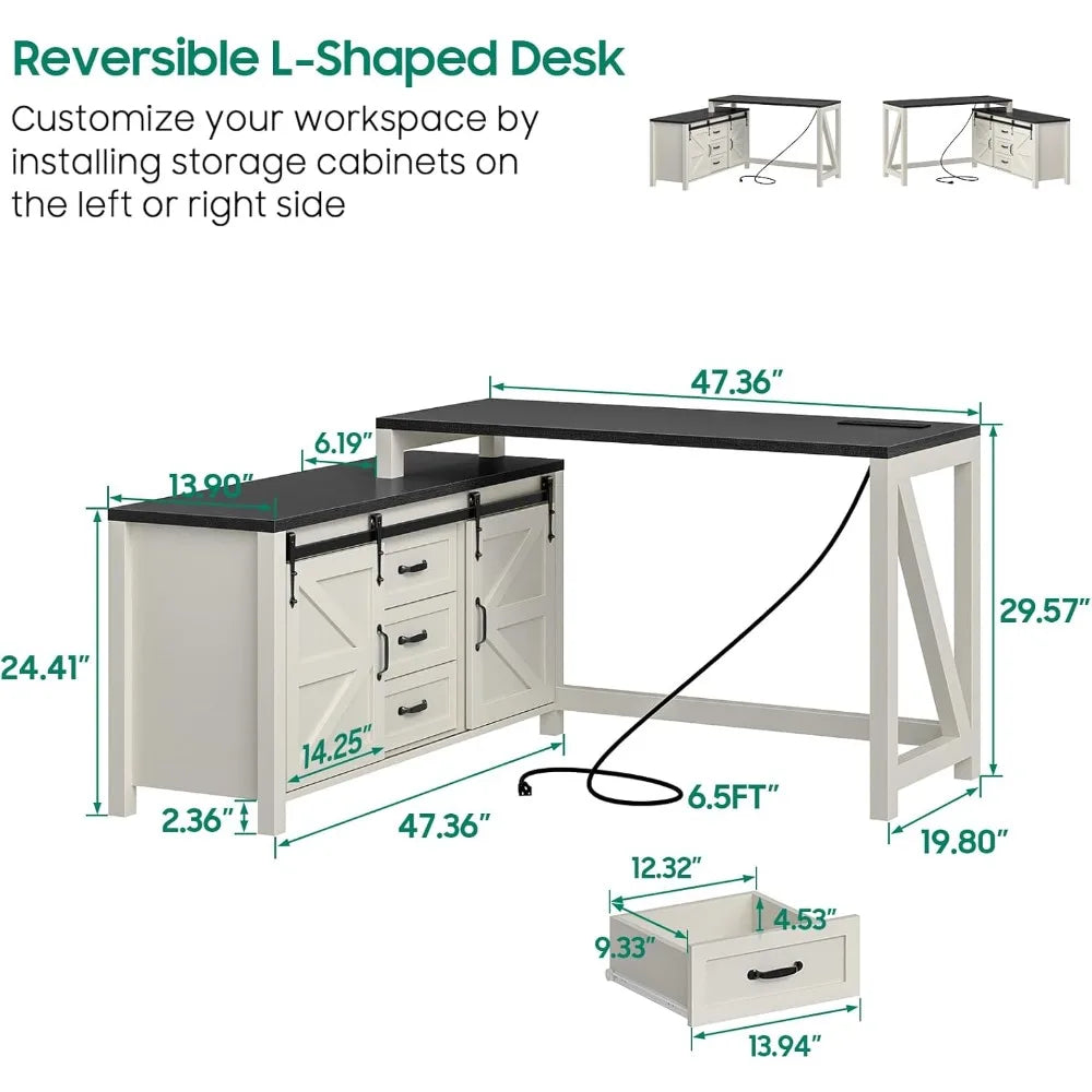 Executive L Shaped Office Desk with Drawers, Farmhouse Corner Desk for Home Office with Storage Cabinet, Computer Desk with Char