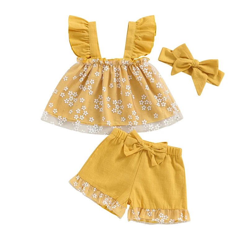 Baby Girl Floral Print Mesh Fly Sleeve Top and Shorts Set with Bow Detail and Matching Headband - 3 Piece Summer Outfit