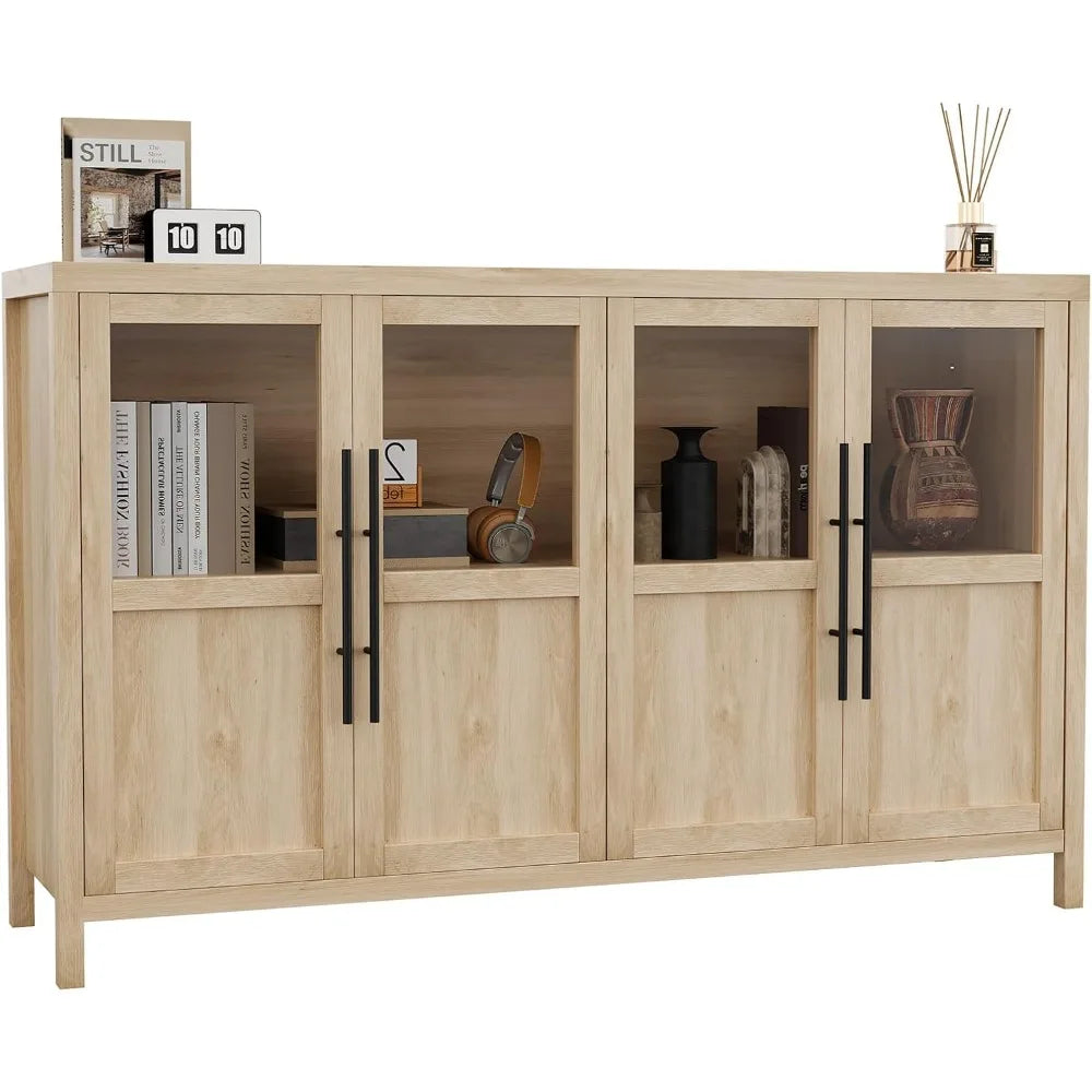 Sideboard Buffet Cabinet with 4 Glass Doors, 55" Large Buffet Cabinet with Storage, Modern Farmhouse Storage Cabinet