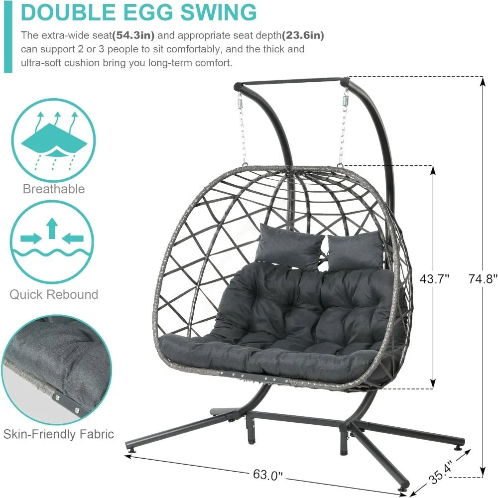 Dark Grey Double Egg Swing Chair w/Stand,2 Person Outdoor Indoor Hammock Hanging Chair with Cushion for Patio Living Room - Best