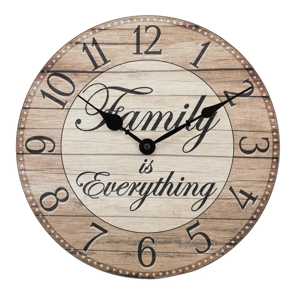 Farmhouse Style 11 Inch Analog Wall Clock Quartz Movement MDF Family Is Everything Inspirational Home Decor Rustic Charm