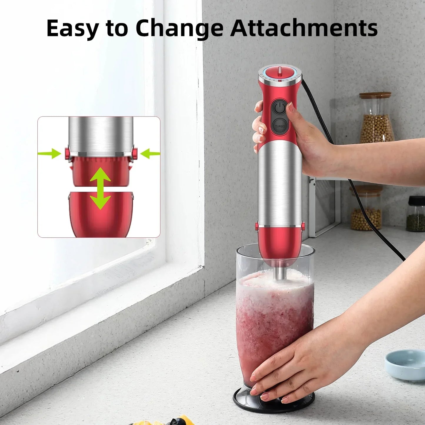 Handheld Kitchen Blender: 5-in-1 1000 Watt Multi-Purpose Hand Blender, 12-Speed Stick Blender for Food, Soups, Purees and Cakes