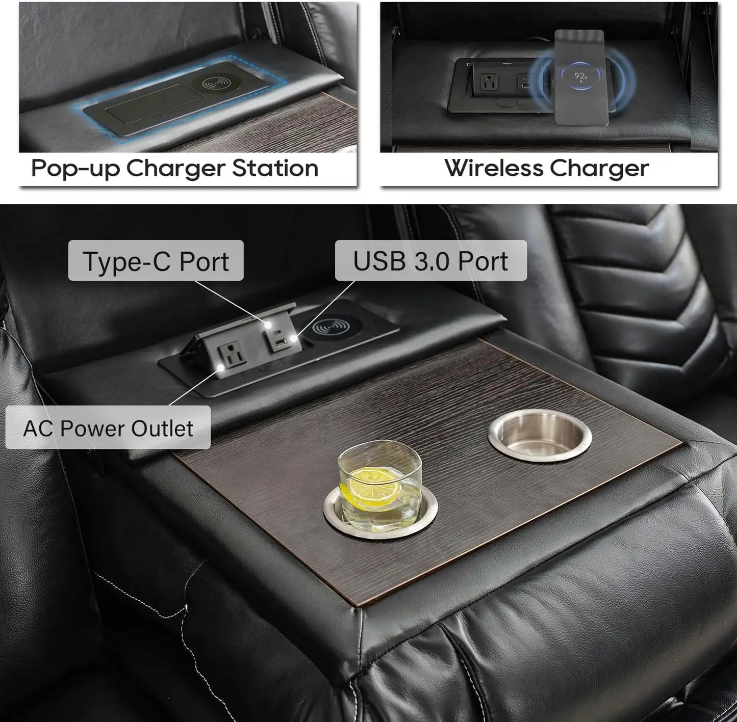 2-Piece Manual Recliner Sofa Set w/ Wireless Charger, Bass Speakers, LED Lights,Faux Leather Reclining Couch for Living Room