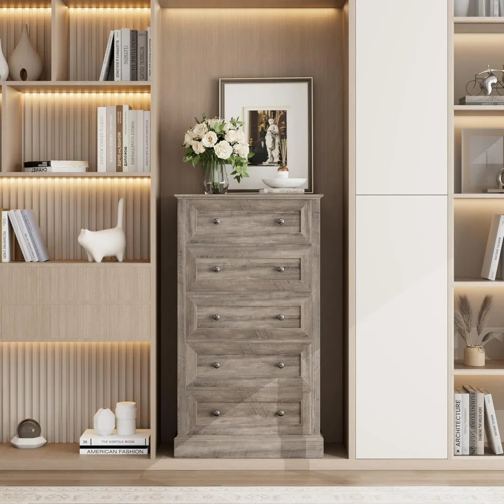 5 Drawer Dresser, 47.2'' Tall Dresser with 5 Drawers, Chest of Drawers Cabinet for Hallway Living Room, Wash Gray