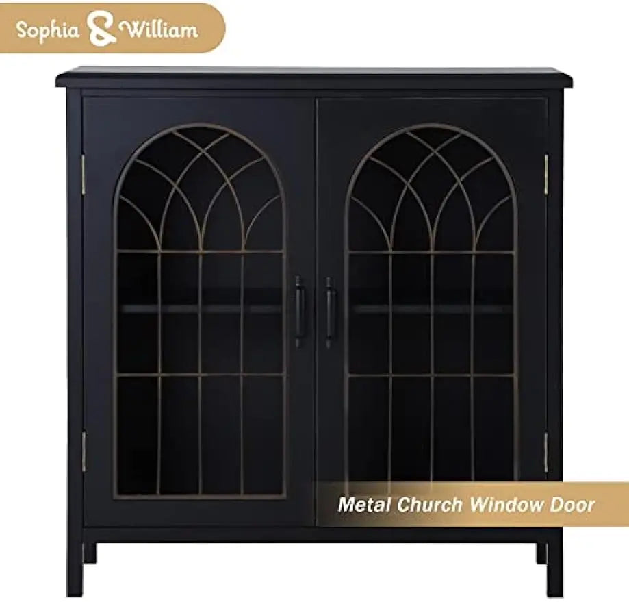 Sideboard Buffet Cabinet Accent Storage Cabinet with Metal Church Window Door for Kitchen Dining Room Entryway, Dark Grey