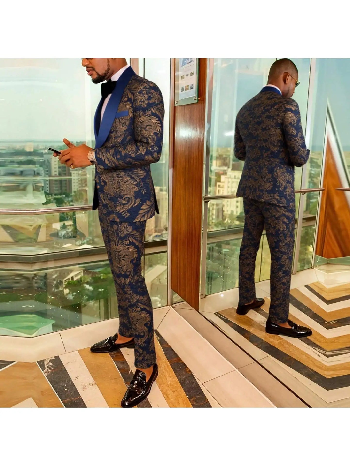 Mens Suit Jacquard Silm Fit 2-Piece Shawl Lapel Tuxedo Wedding Party Prom Suit Set