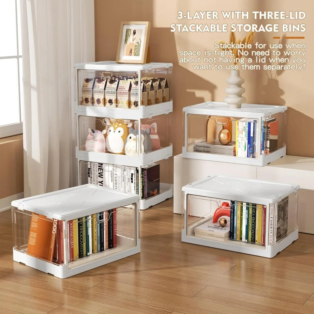 Clear Storage Bin with Lid 3 Pack Stackable & Sturdy Plastic Multifunctional Folding Storage Bins for Bedroom, Living Room, Stud