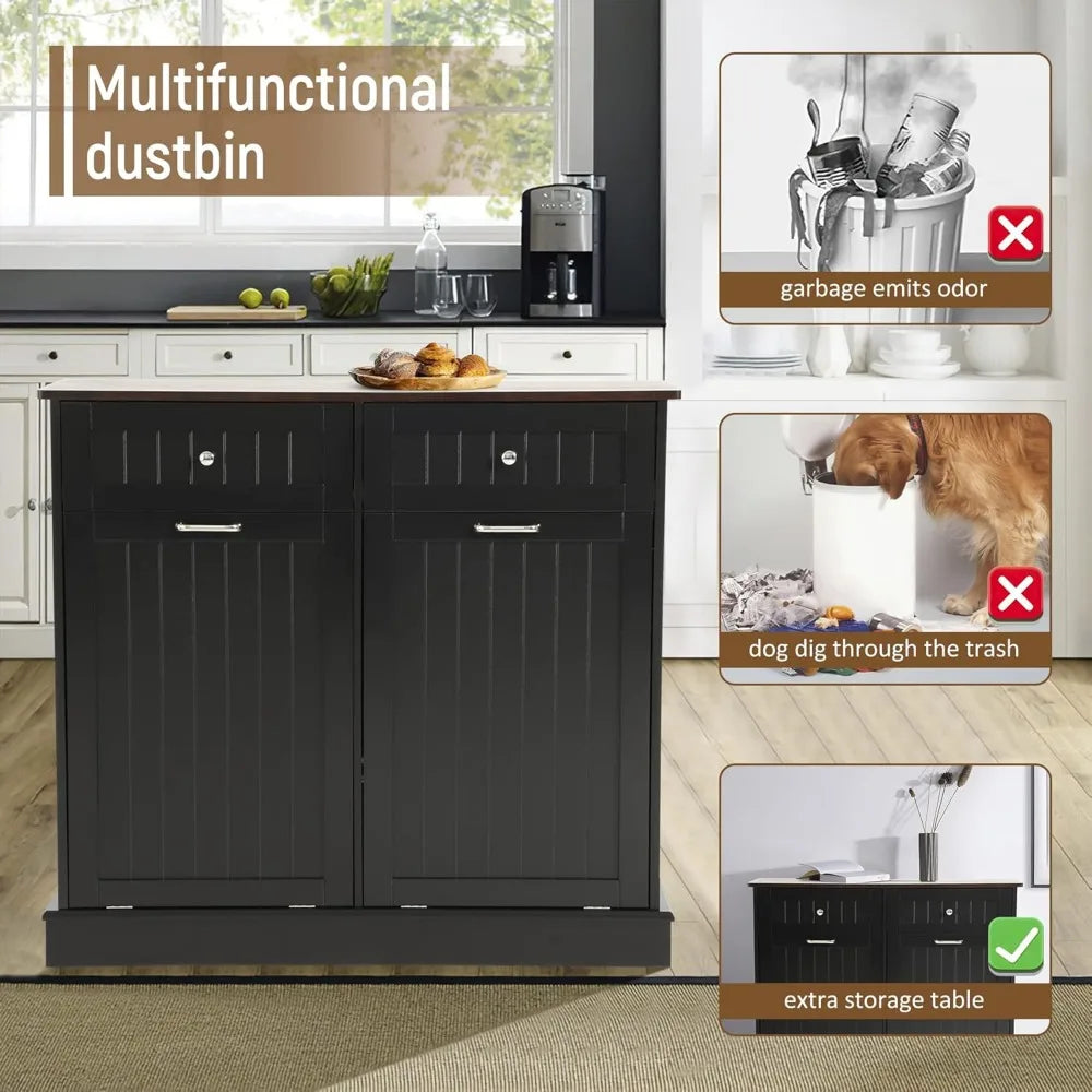 Tilt Out Trash Can Cabinet Dog Proof with Double Wood Hidden Trash Can Holder, Kitchen Free Standing Recycling Cabinet(Black)