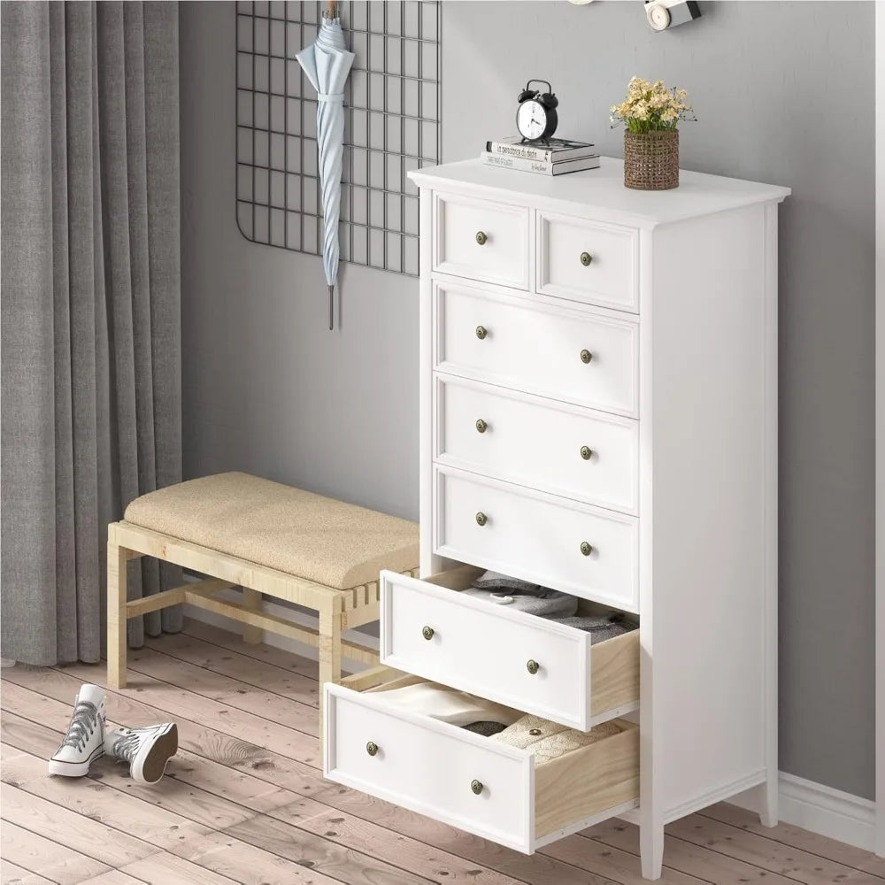 White 7 Drawer Tall Dresser, Tall Solid Wood Large Storage Cabinet, Modern Simple White Tall Chest of Drawer for Bedroom Living