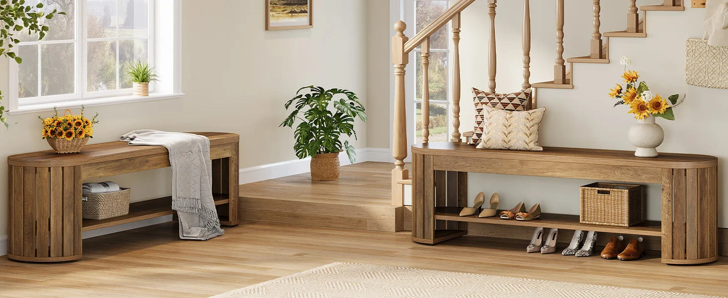 Tribesigns 63" Wooden Entryway Bench with Shoe Storage, Long 2-Tier Narrow Shoe Bench with Arc Vertical Slat Splicing Legs, End of Bed Stool for Bedroom, Entrance, Living Room (Brown)