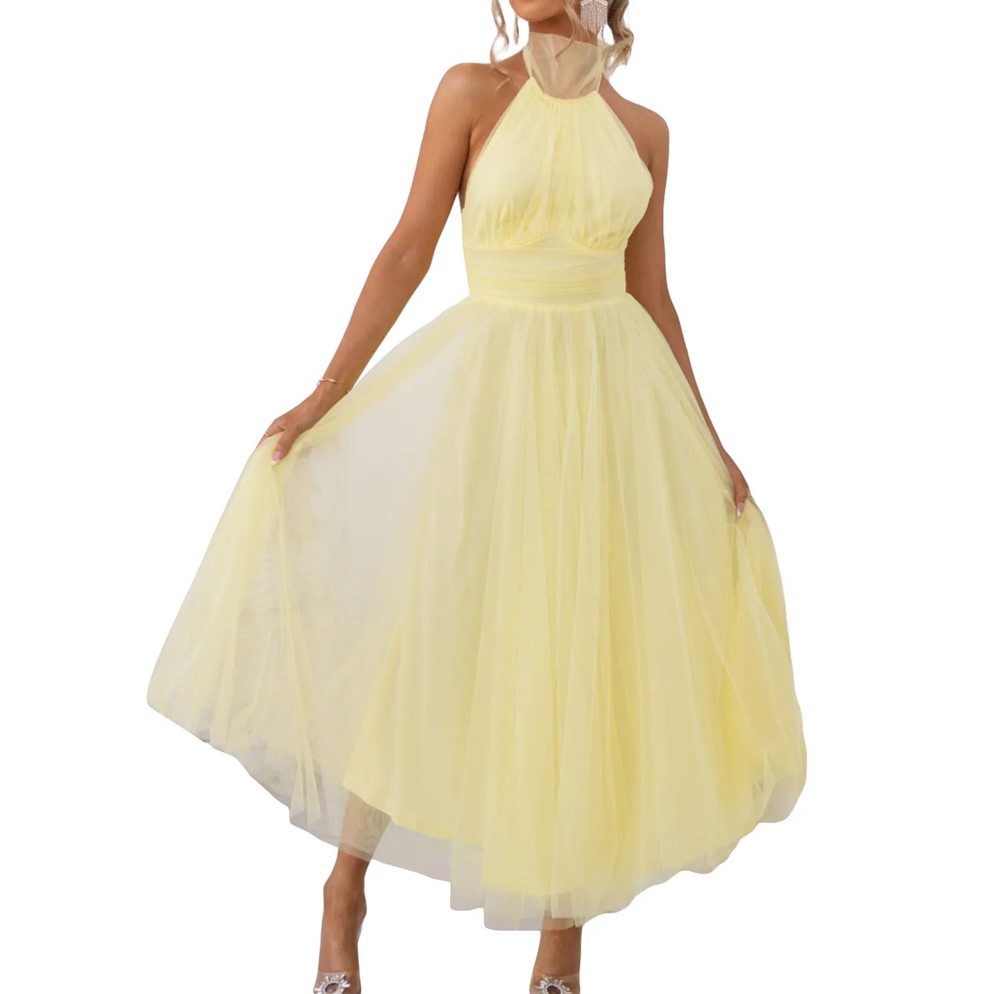 Women’s Backless Long Dress Adjustable Tie Halter Neck Tulle High Waist Solid Party Wedding Dress