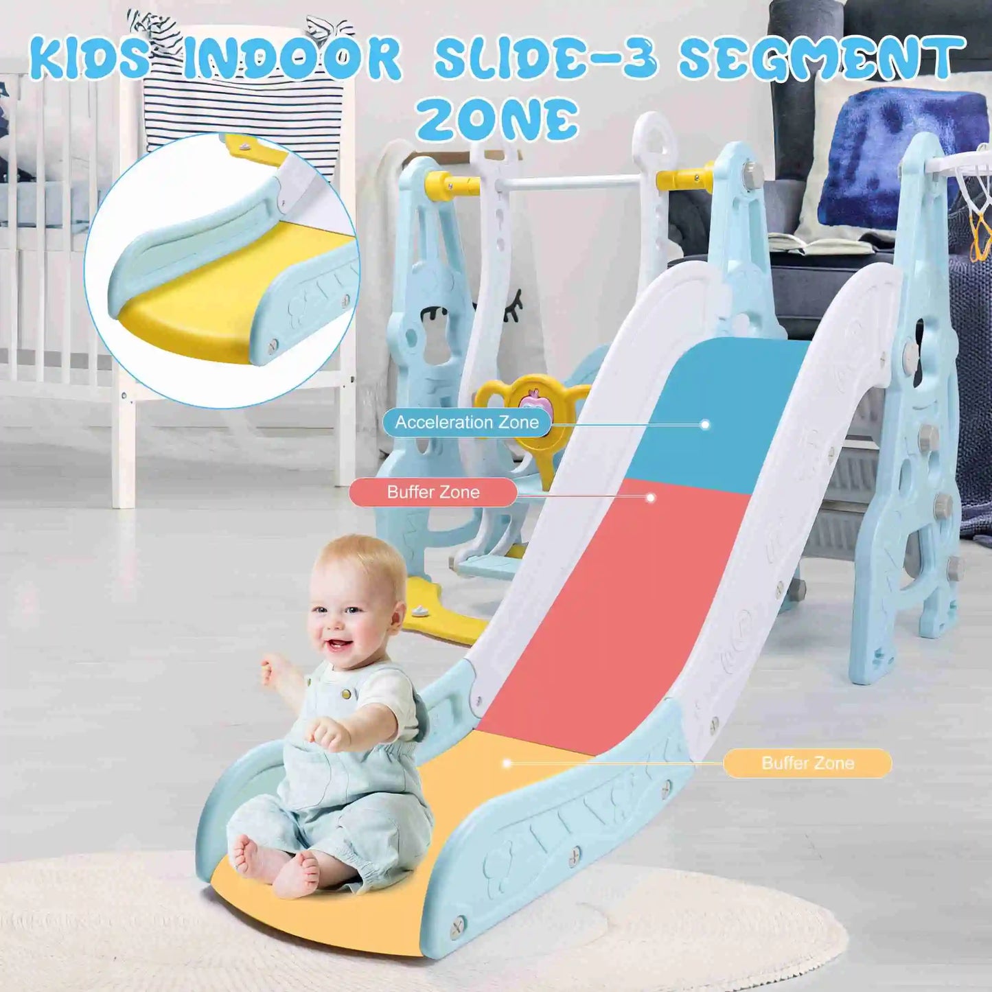 4 In 1 Toddler Playground Set Swing Slide Climber Basketball Hoop Backyard Indoor Playset for Boys and Girls Blue
