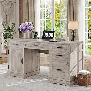 55'' Farmhouse Desk Home Office with Drawers, Executive Computer Desk Wooden with File Cabinet and Charging Station, Cerry Brow