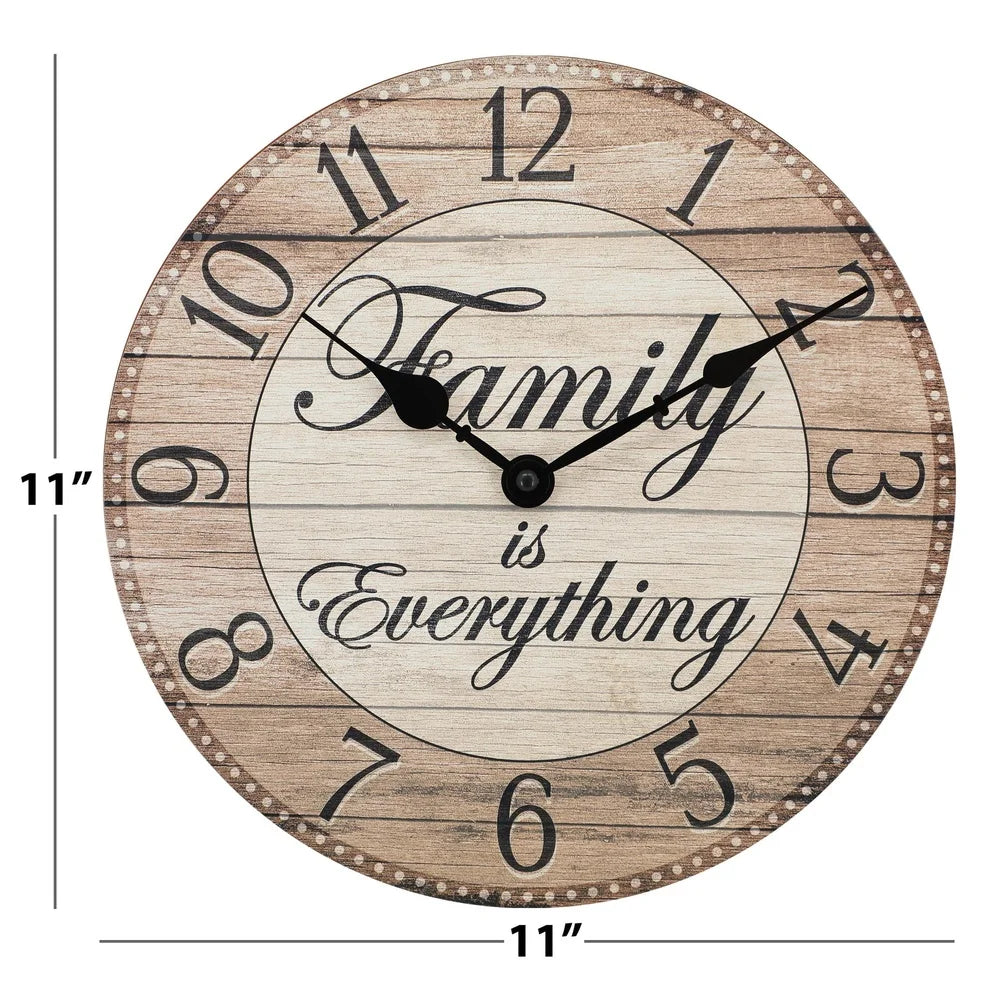 Farmhouse Style 11 Inch Analog Wall Clock Quartz Movement MDF Family Is Everything Inspirational Home Decor Rustic Charm