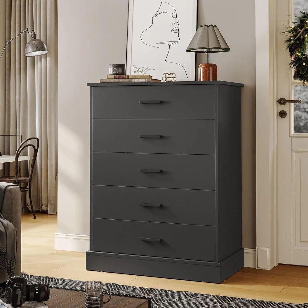 Black Dresser for Bedroom, 5 Drawer Dresser with Sturdy Base, Wooden Large Capacity Storage Cabinet, Tall Chest of 5 Drawers