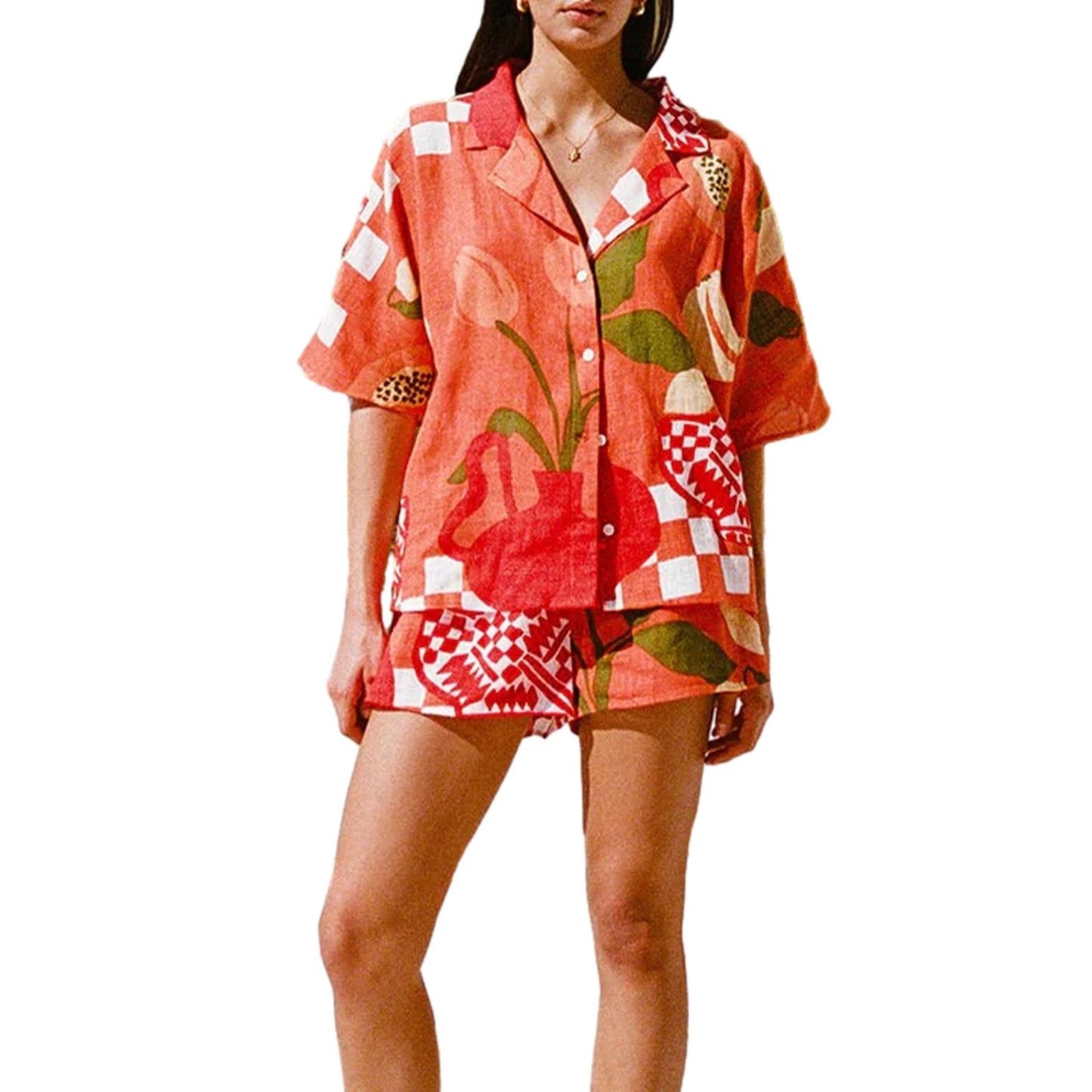 Women Shorts Set Flower Print Short Sleeve Shirt with Elastic Waist Shorts Summer Outfit