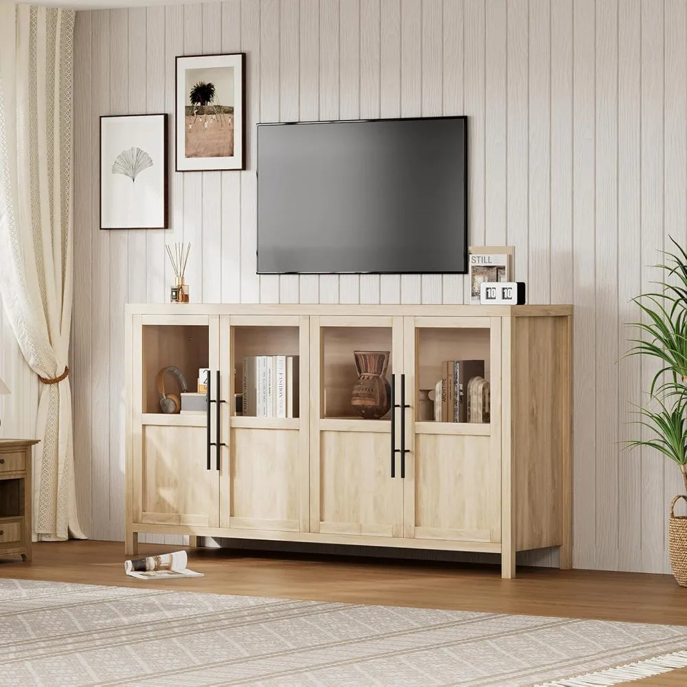 Sideboard Buffet Cabinet with 4 Glass Doors, 55" Large Buffet Cabinet with Storage, Modern Farmhouse Storage Cabinet