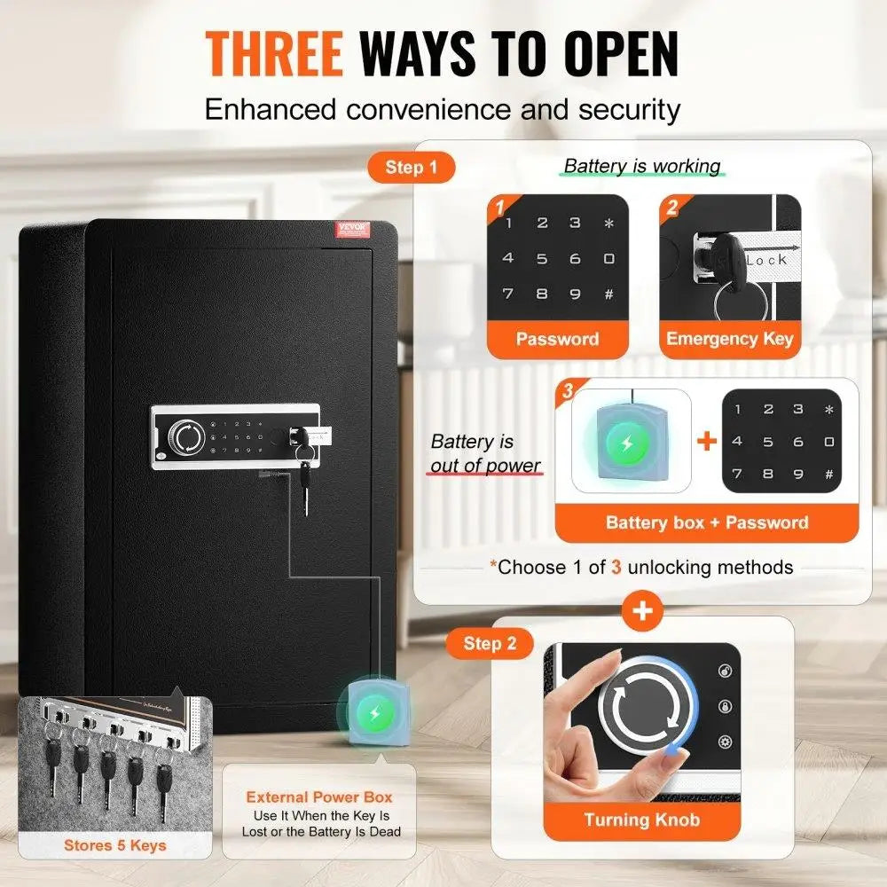 Large Single Door 3.5 Cu.Ft Key Lock Password LED Light Black Cash Passport Jewelry SafeBox