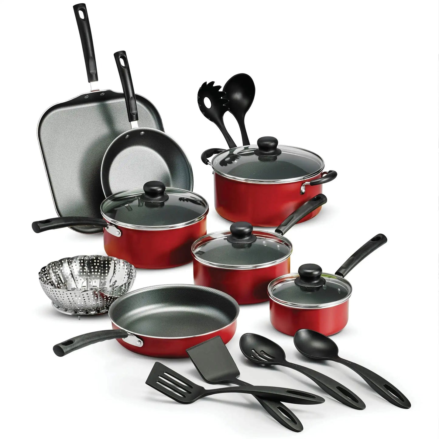 Nonstick Stainless Steel Cookware Set Kitchen Pots Pans Nonstick Gray Lids Spoons Ladle Griddle Turners 18 Piece Set