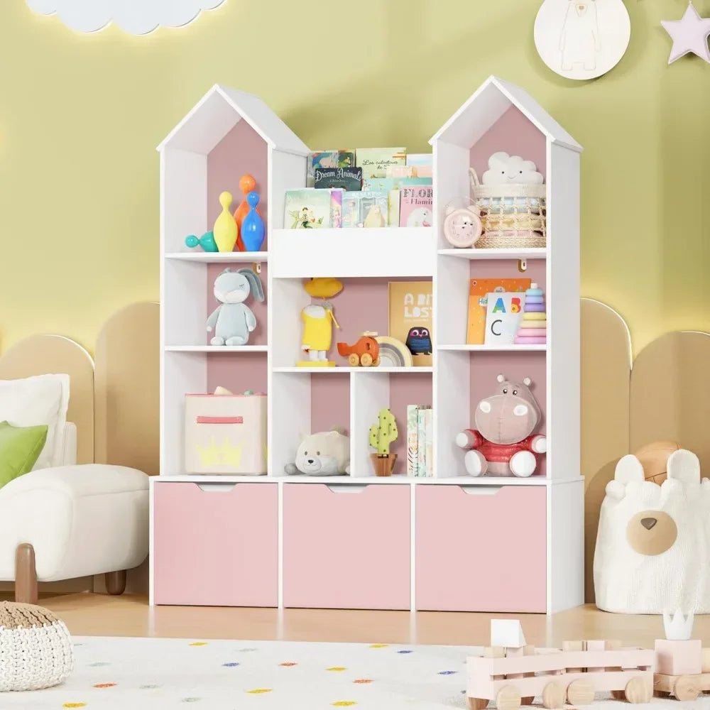 Toy Storage Organizer with Castle RoofLarge Kids Bookshelf Dollhouse with 3 Movable Drawers and 9 Storage Cubbies Toy Organizers