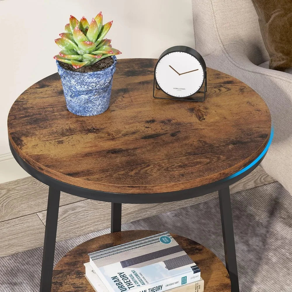 Round End Table Set of 2, 2 Tier Side Table with Storage Shelf