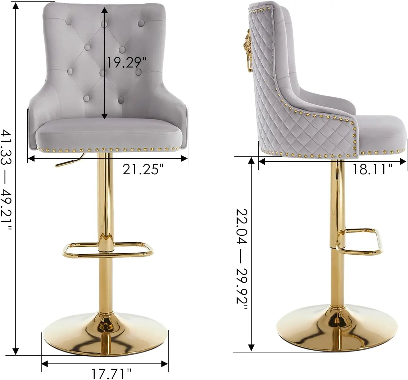 Velvet Gold Barstools Set of 2, Modern Counter Height Adjustable Swivel Stools Chairs with High Tufted Backrest Golden Base Lion