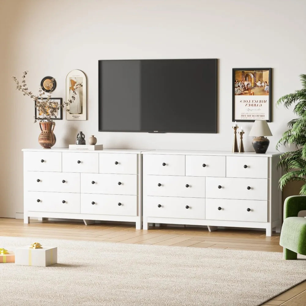 White Dresser for Bedroom, 7 Drawer Chest of Drawer with Metal Handle and Wide Drawer, Modern Wood Double Storage Organizer Dres